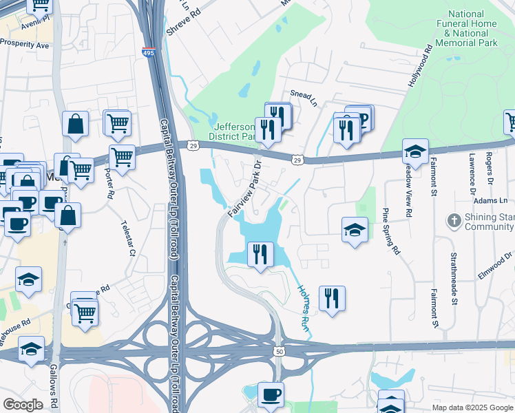 map of restaurants, bars, coffee shops, grocery stores, and more near 2867 Yarling Court in Falls Church