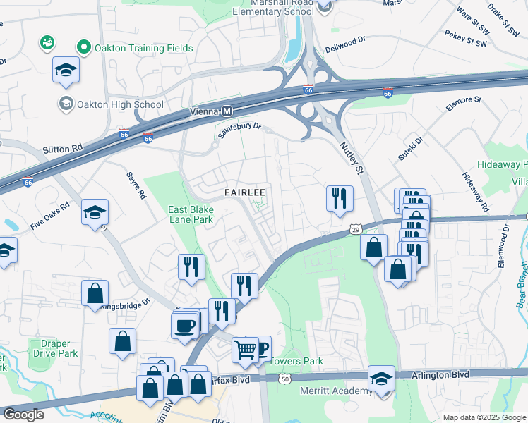 map of restaurants, bars, coffee shops, grocery stores, and more near 9498 Canonbury Square in Fairfax