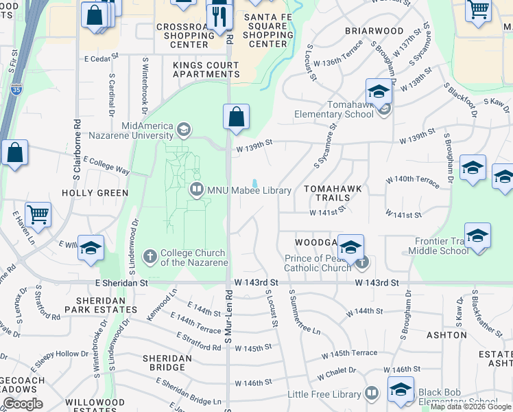 map of restaurants, bars, coffee shops, grocery stores, and more near 16501 West 141st Street in Olathe