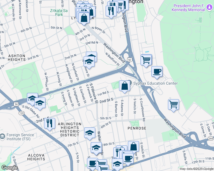 map of restaurants, bars, coffee shops, grocery stores, and more near 2505 1st Street South in Arlington