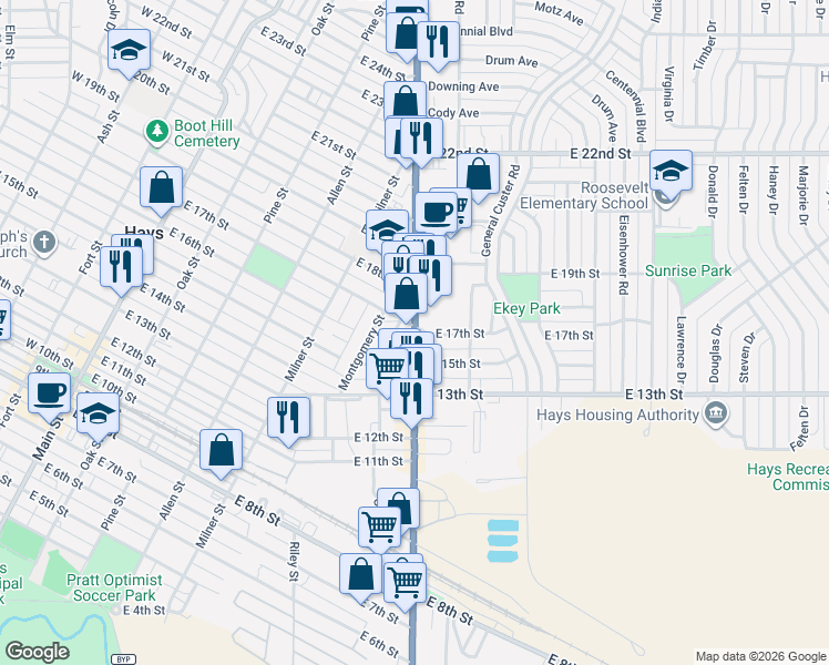 map of restaurants, bars, coffee shops, grocery stores, and more near 1645 Vine Street in Hays