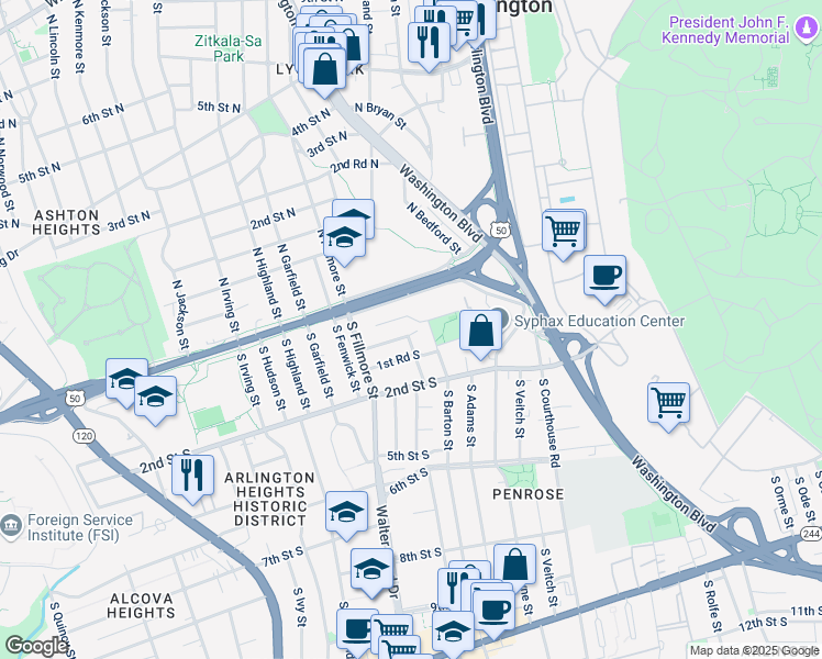 map of restaurants, bars, coffee shops, grocery stores, and more near 2505 1st Street South in Arlington