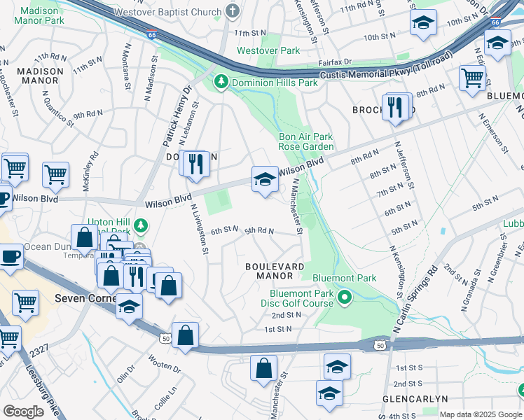 map of restaurants, bars, coffee shops, grocery stores, and more near 5950 8th Road North in Arlington
