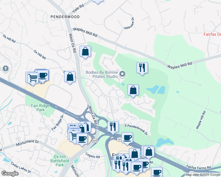 map of restaurants, bars, coffee shops, grocery stores, and more near 12014 Golf Ridge Court in Fairfax
