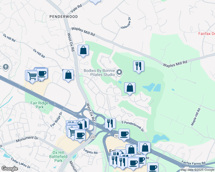 map of restaurants, bars, coffee shops, grocery stores, and more near 12014 Golf Ridge Court in Fairfax