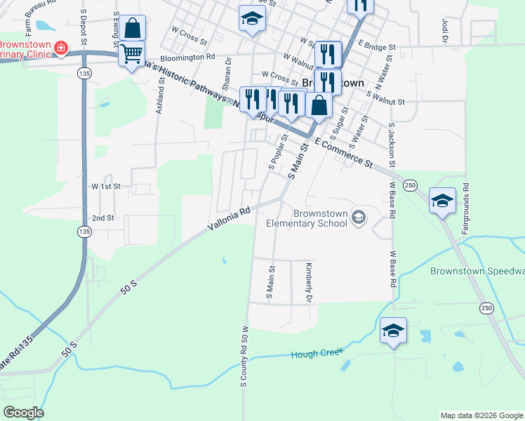 map of restaurants, bars, coffee shops, grocery stores, and more near 803 South Poplar Street in Brownstown