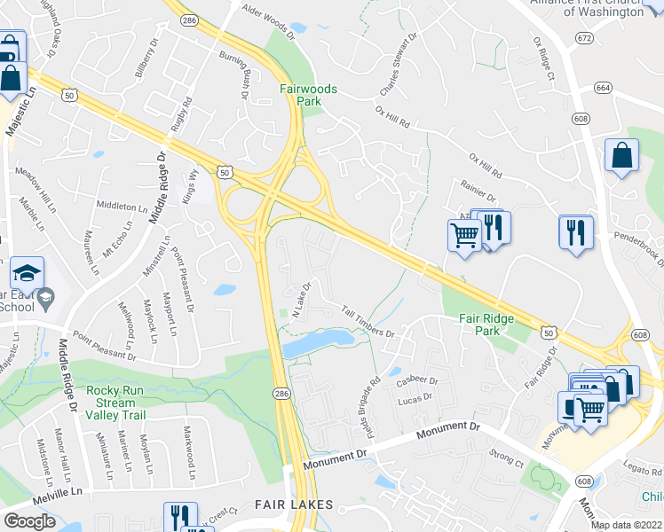 map of restaurants, bars, coffee shops, grocery stores, and more near 4089 Oak Village Landing in Fairfax