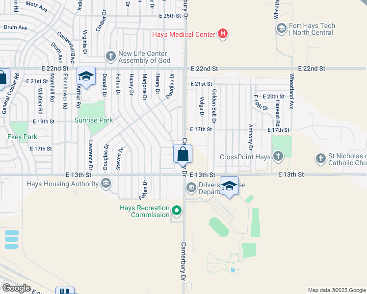 map of restaurants, bars, coffee shops, grocery stores, and more near 2307 East 15th Street in Hays