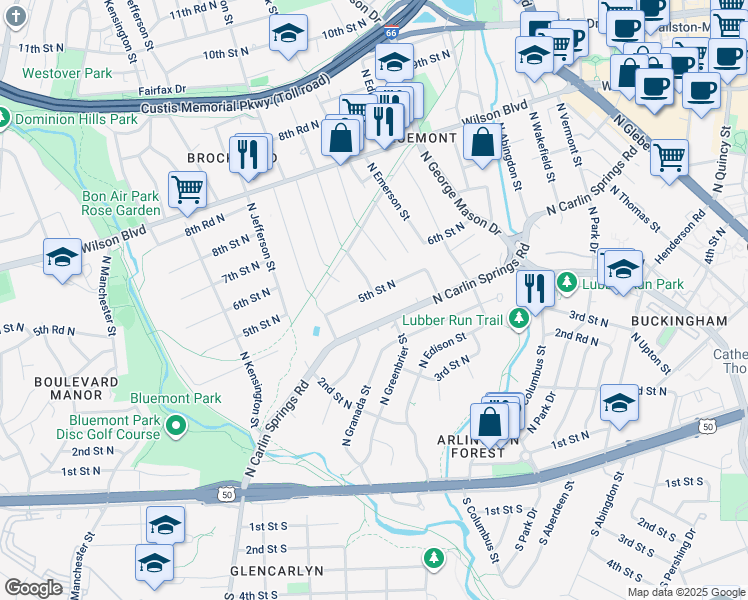 map of restaurants, bars, coffee shops, grocery stores, and more near 5256 5th Street North in Arlington