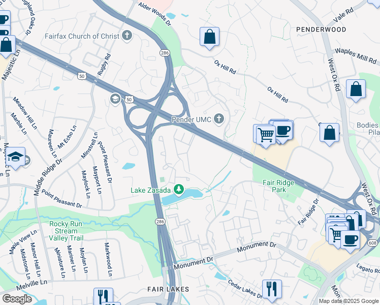 map of restaurants, bars, coffee shops, grocery stores, and more near 4089 Oak Village Landing in Fairfax