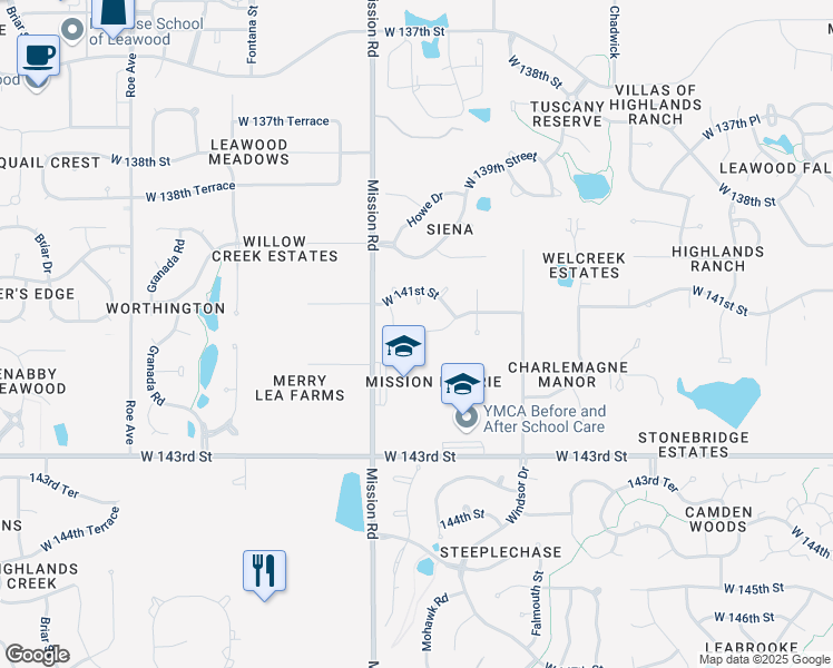 map of restaurants, bars, coffee shops, grocery stores, and more near 14116 Mohawk Road in Overland Park
