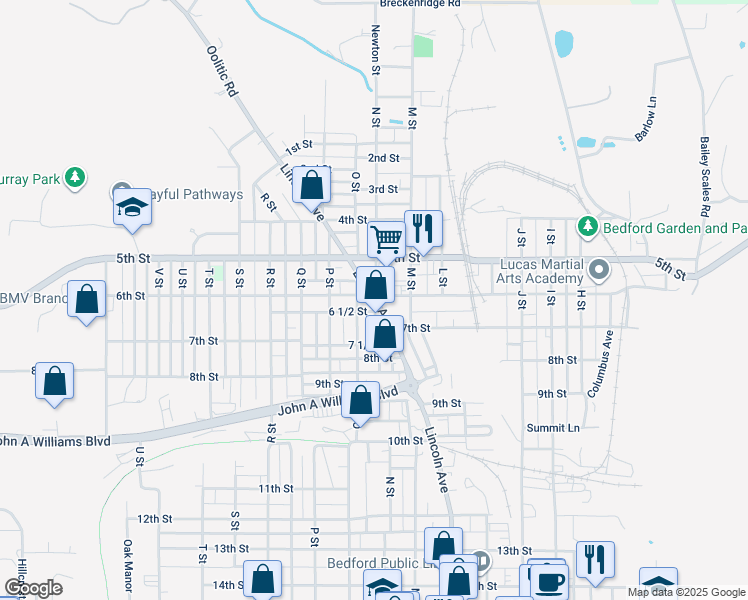 map of restaurants, bars, coffee shops, grocery stores, and more near 629 Lincoln Avenue in Bedford