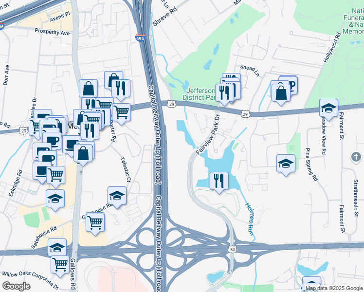 map of restaurants, bars, coffee shops, grocery stores, and more near 2900 Fairview Park Drive in Falls Church