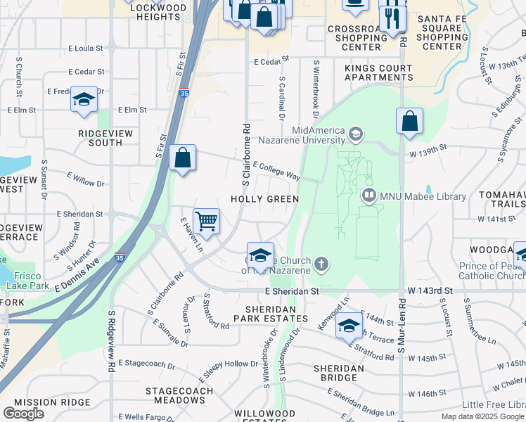 map of restaurants, bars, coffee shops, grocery stores, and more near 1706 East Penrose Lane in Olathe
