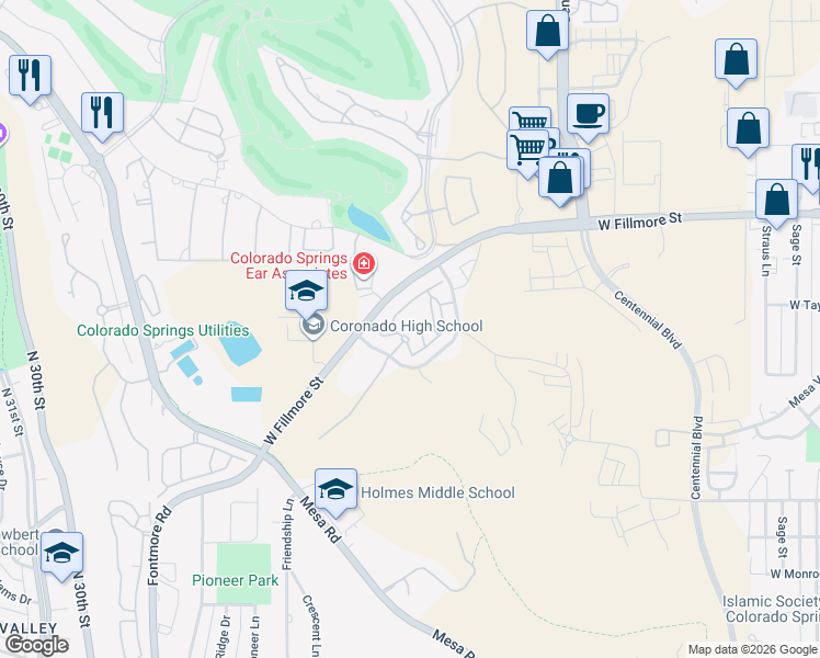 map of restaurants, bars, coffee shops, grocery stores, and more near 1375 Farnham Point in Colorado Springs