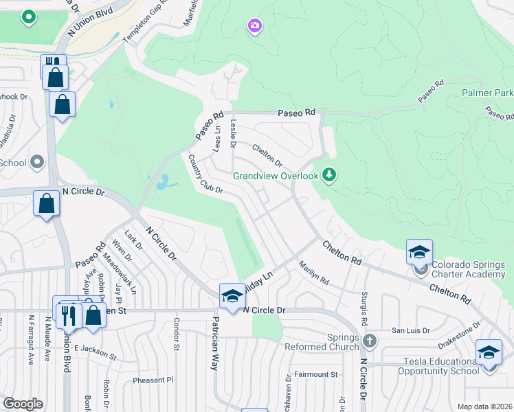 map of restaurants, bars, coffee shops, grocery stores, and more near 2901 Country Club Drive in Colorado Springs