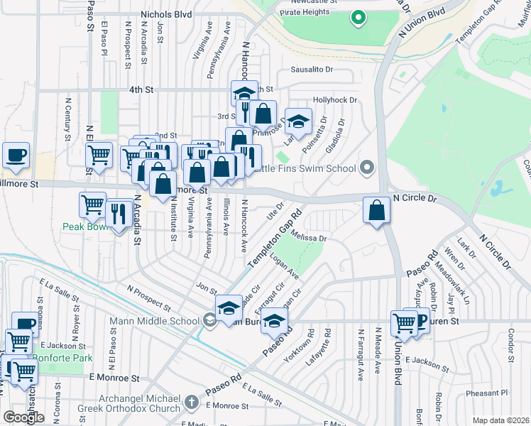 map of restaurants, bars, coffee shops, grocery stores, and more near 2813 Ute Drive in Colorado Springs