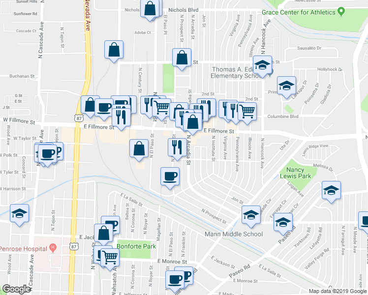 map of restaurants, bars, coffee shops, grocery stores, and more near in Colorado Springs