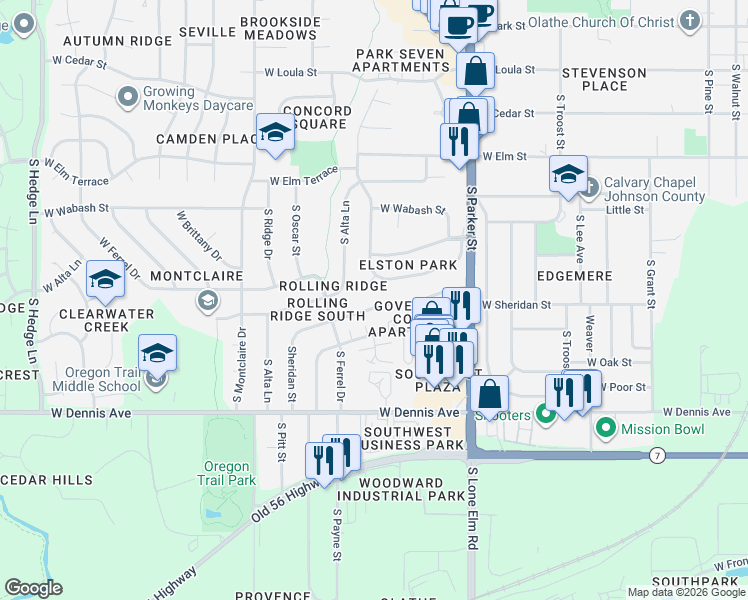 map of restaurants, bars, coffee shops, grocery stores, and more near 1226 West Sheridan Street in Olathe