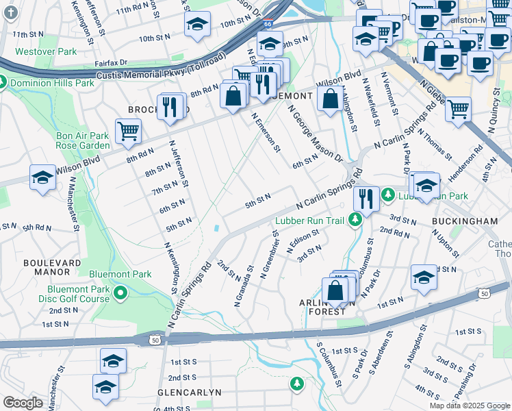 map of restaurants, bars, coffee shops, grocery stores, and more near 5256 5th Street North in Arlington