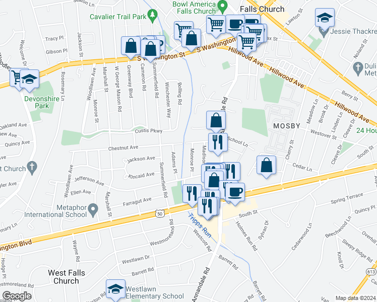 map of restaurants, bars, coffee shops, grocery stores, and more near 2904 Monroe Place in Falls Church