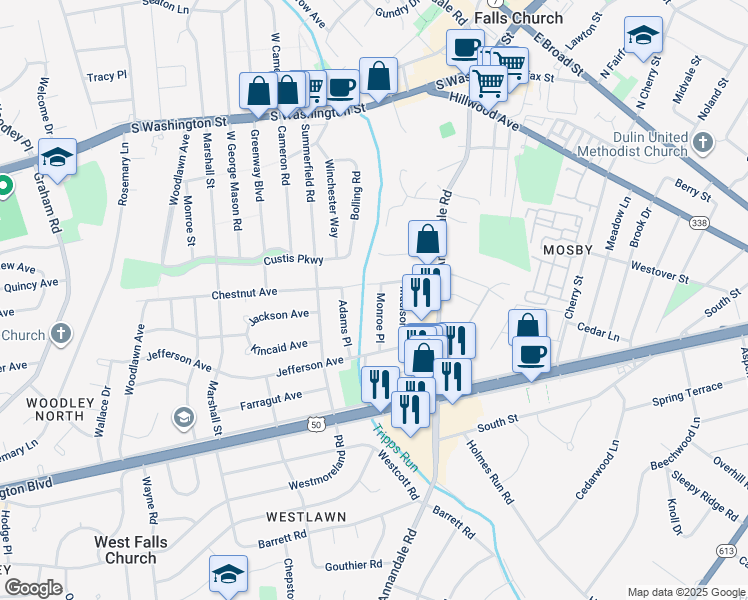 map of restaurants, bars, coffee shops, grocery stores, and more near 2904 Monroe Place in Falls Church