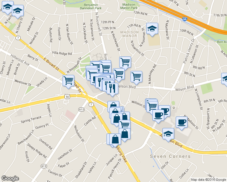 map of restaurants, bars, coffee shops, grocery stores, and more near 6247 Wilson Boulevard in Falls Church