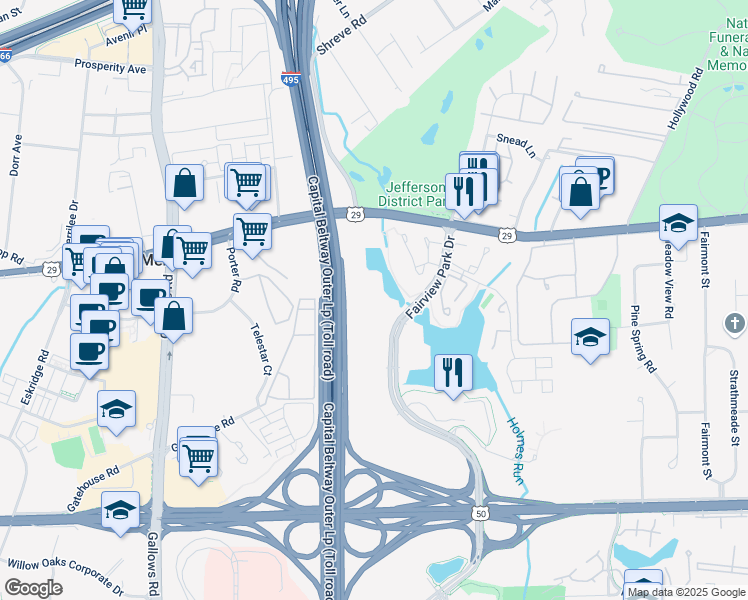 map of restaurants, bars, coffee shops, grocery stores, and more near 2900 Fairview Park Drive in Falls Church