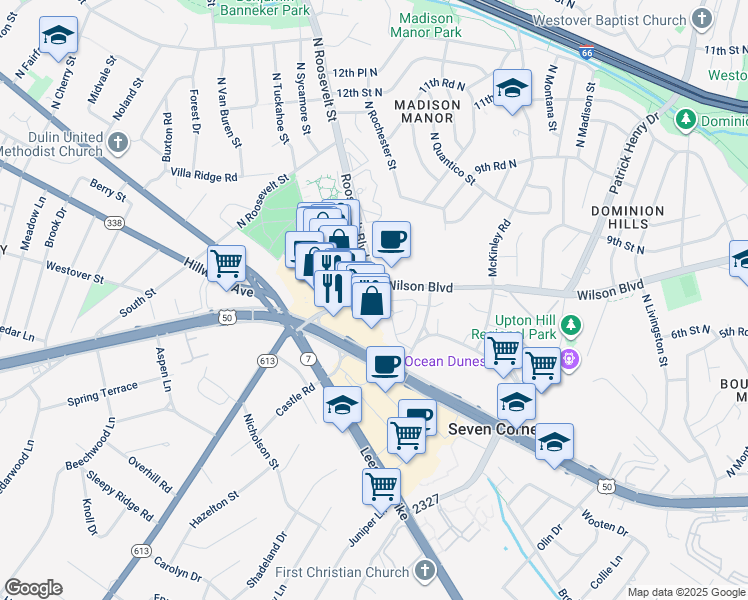 map of restaurants, bars, coffee shops, grocery stores, and more near 6247 Wilson Boulevard in Falls Church