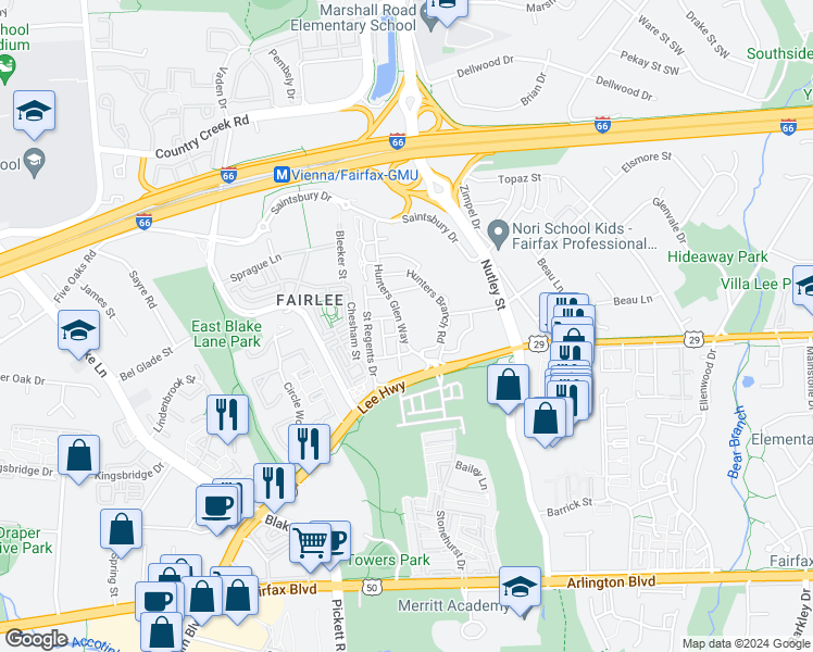 map of restaurants, bars, coffee shops, grocery stores, and more near 2931 Deer Hollow Way in Fairfax