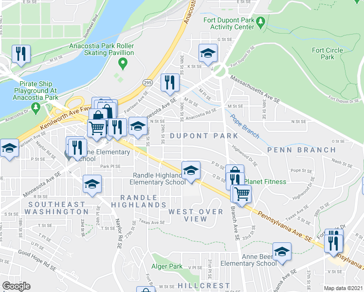 map of restaurants, bars, coffee shops, grocery stores, and more near 30th St SE & O St SE in Washington