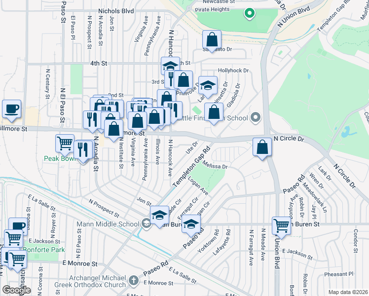 map of restaurants, bars, coffee shops, grocery stores, and more near 2813 Ute Drive in Colorado Springs