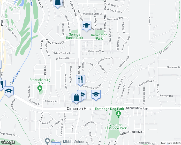 map of restaurants, bars, coffee shops, grocery stores, and more near 2795 Walton Creek Drive in Colorado Springs
