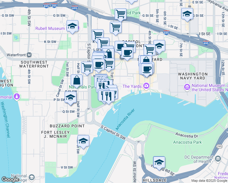 map of restaurants, bars, coffee shops, grocery stores, and more near 125 O Street Southeast in Washington