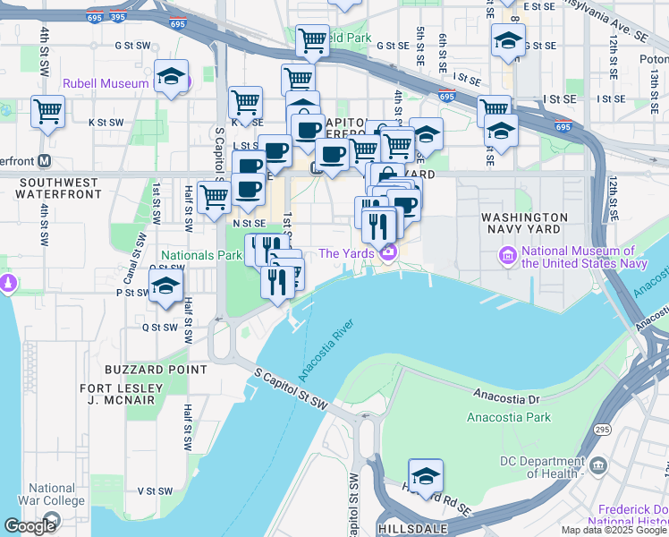 map of restaurants, bars, coffee shops, grocery stores, and more near 1385 Canal Street Southeast in Washington