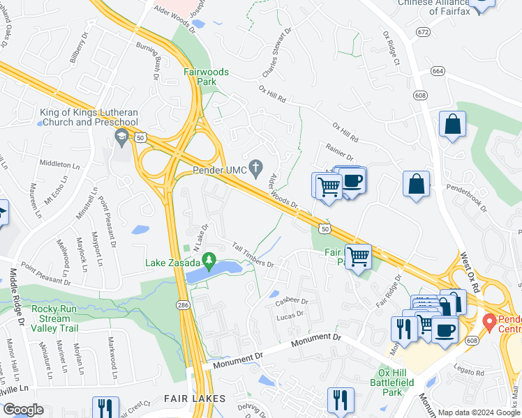 map of restaurants, bars, coffee shops, grocery stores, and more near 12459 Peaceful Creek Drive in Fairfax