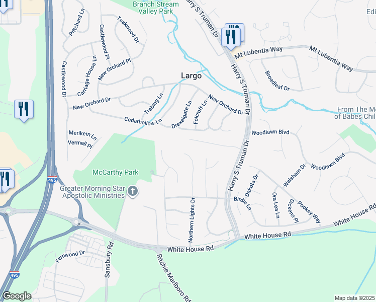 map of restaurants, bars, coffee shops, grocery stores, and more near 1204 Northern Lights Drive in Upper Marlboro