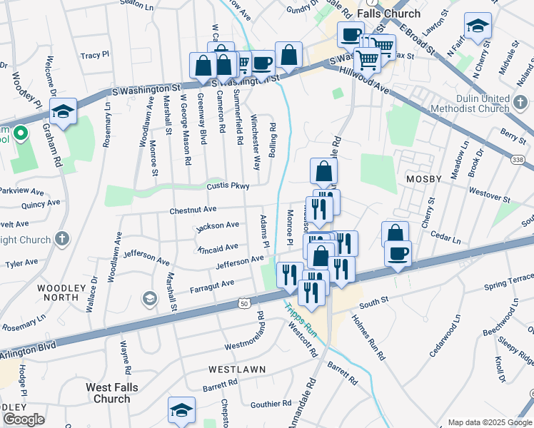 map of restaurants, bars, coffee shops, grocery stores, and more near 2903 Adams Place in Falls Church