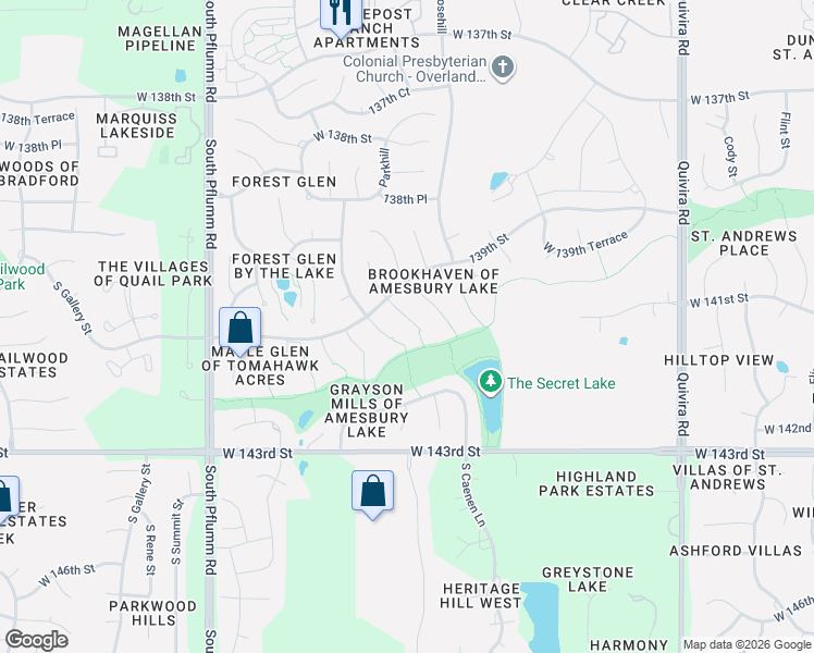 map of restaurants, bars, coffee shops, grocery stores, and more near 14124 Parkhill Lane in Overland Park