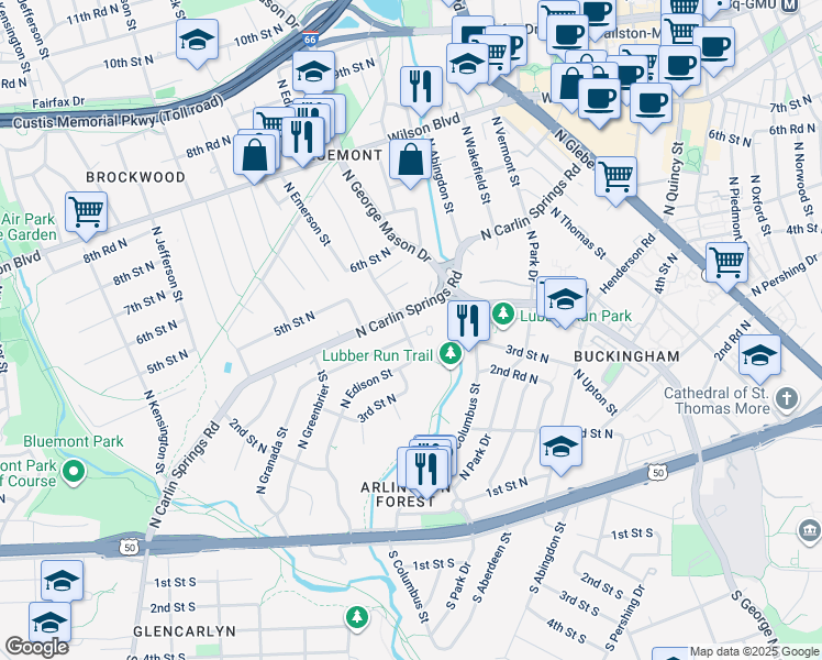 map of restaurants, bars, coffee shops, grocery stores, and more near 389 North Edison Street in Arlington