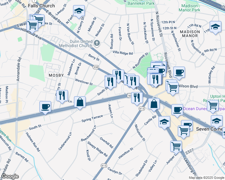 map of restaurants, bars, coffee shops, grocery stores, and more near 6410 Arlington Boulevard in Falls Church
