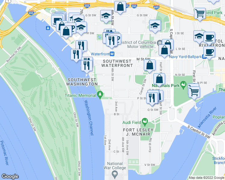 map of restaurants, bars, coffee shops, grocery stores, and more near 4th Street Southwest & O Street Southwest in Washington