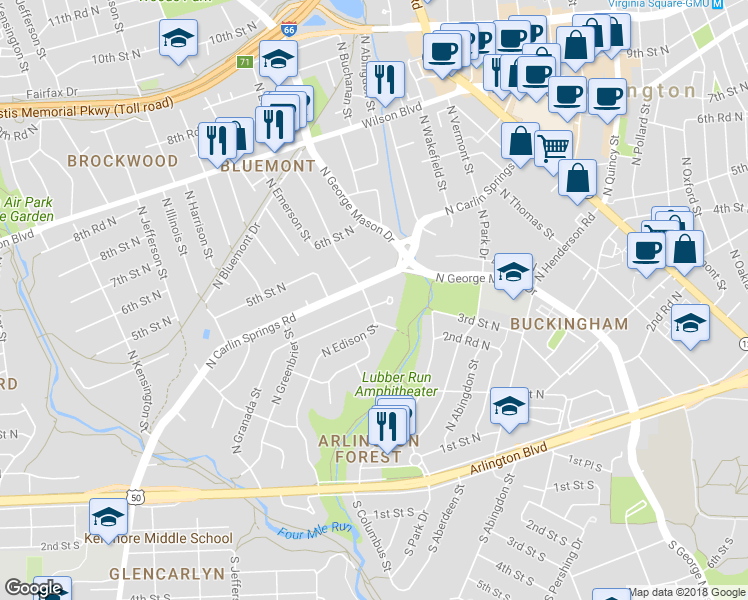 map of restaurants, bars, coffee shops, grocery stores, and more near 389 North Edison Street in Arlington