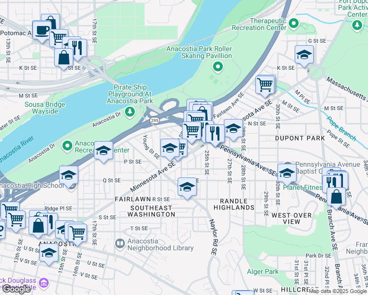 map of restaurants, bars, coffee shops, grocery stores, and more near 2321 Nicholson Street Southeast in Washington