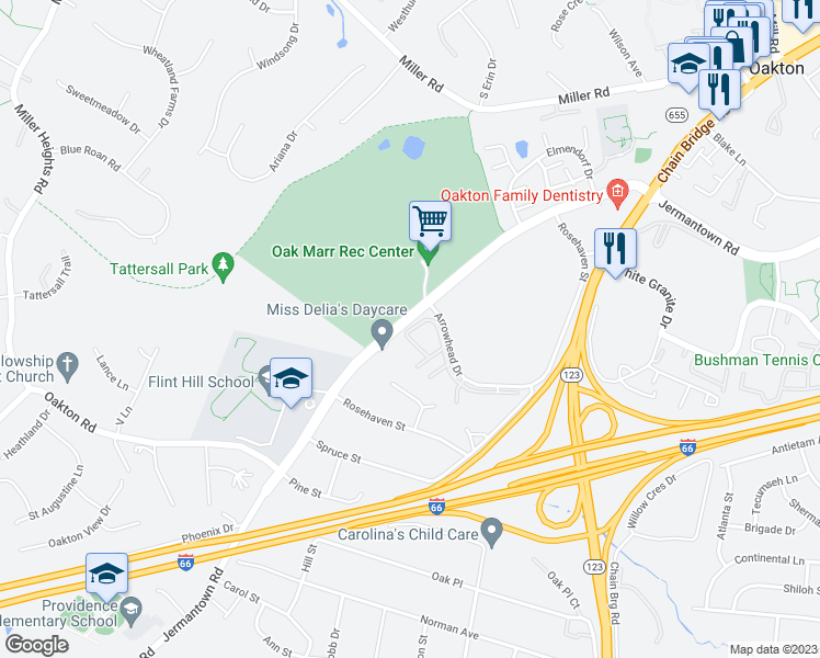 map of restaurants, bars, coffee shops, grocery stores, and more near 3220 Arrowhead Circle in Fairfax