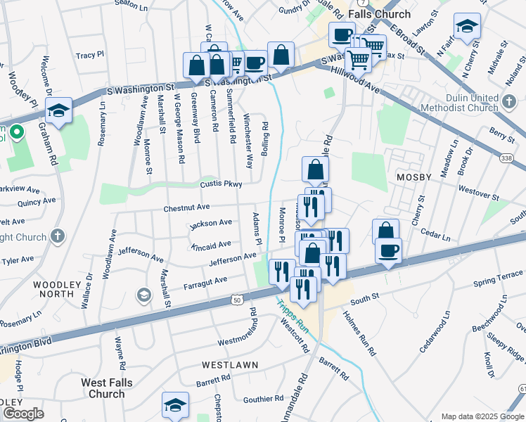 map of restaurants, bars, coffee shops, grocery stores, and more near 2903 Adams Place in Falls Church