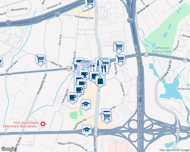 map of restaurants, bars, coffee shops, grocery stores, and more near 8190 Strawberry Lane in Falls Church