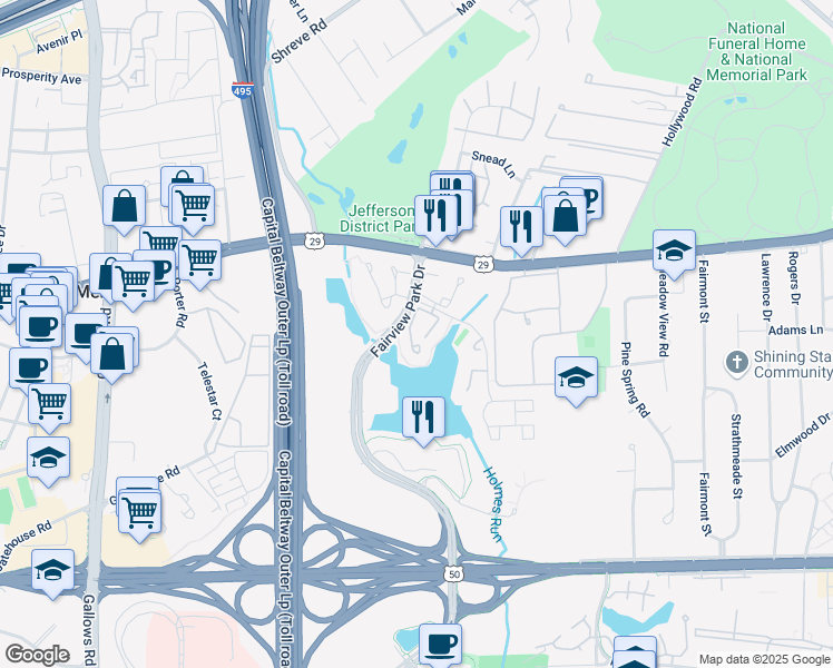 map of restaurants, bars, coffee shops, grocery stores, and more near 2867 Yarling Court in Falls Church