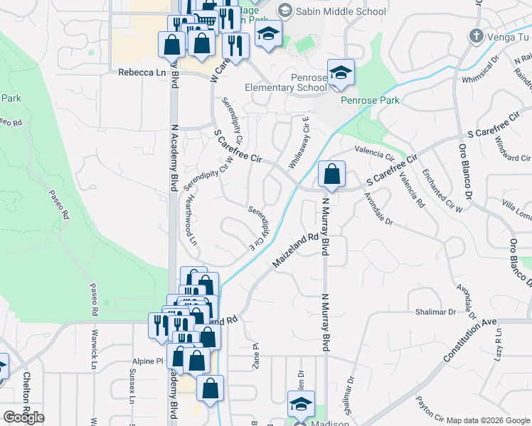 map of restaurants, bars, coffee shops, grocery stores, and more near 2813 Serendipity Circle East in Colorado Springs