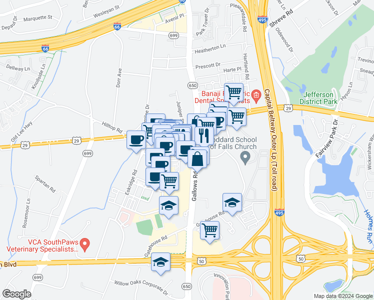 map of restaurants, bars, coffee shops, grocery stores, and more near 8190 Strawberry Lane in Falls Church